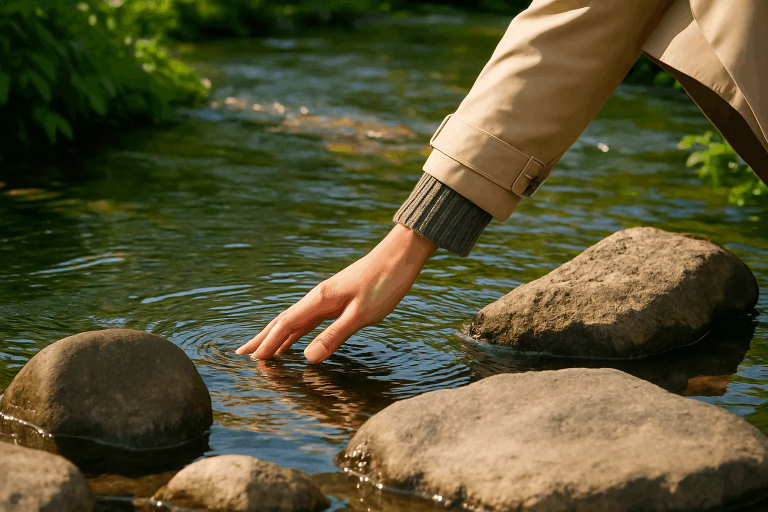 человек касается воды в реке