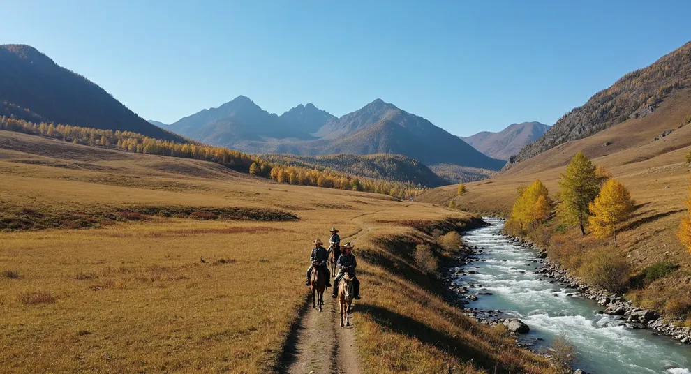 люди скачут на лошадях рядом с горной рекой