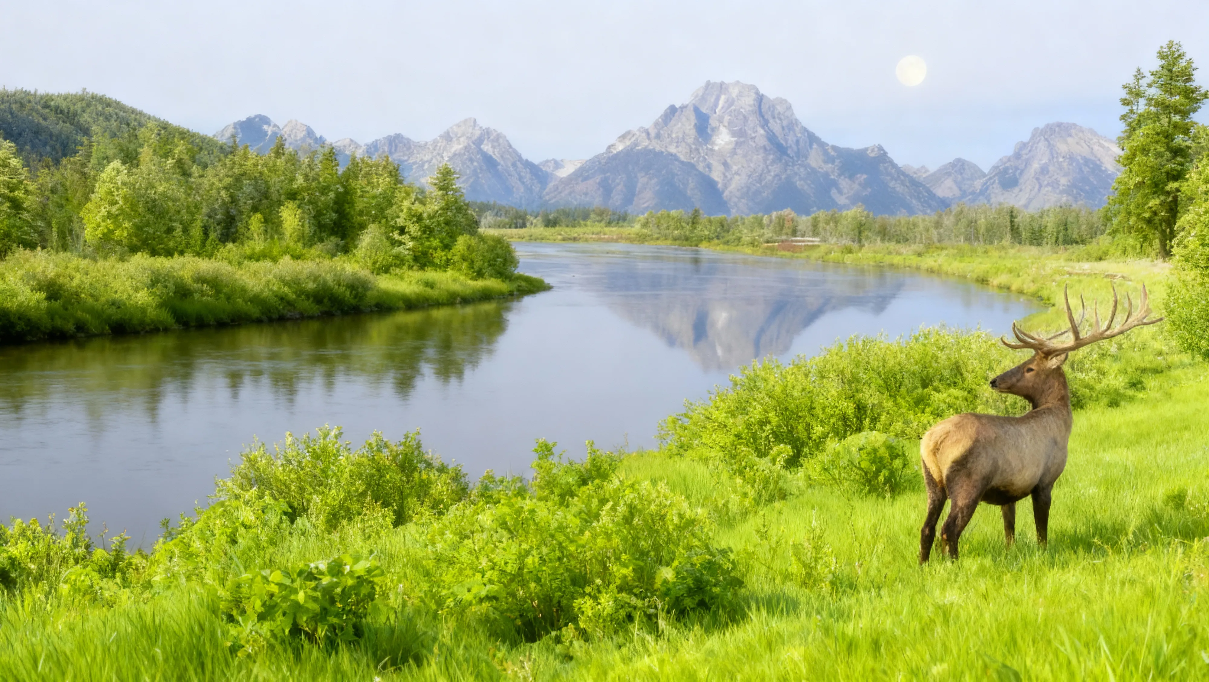 олень рядом с рекой