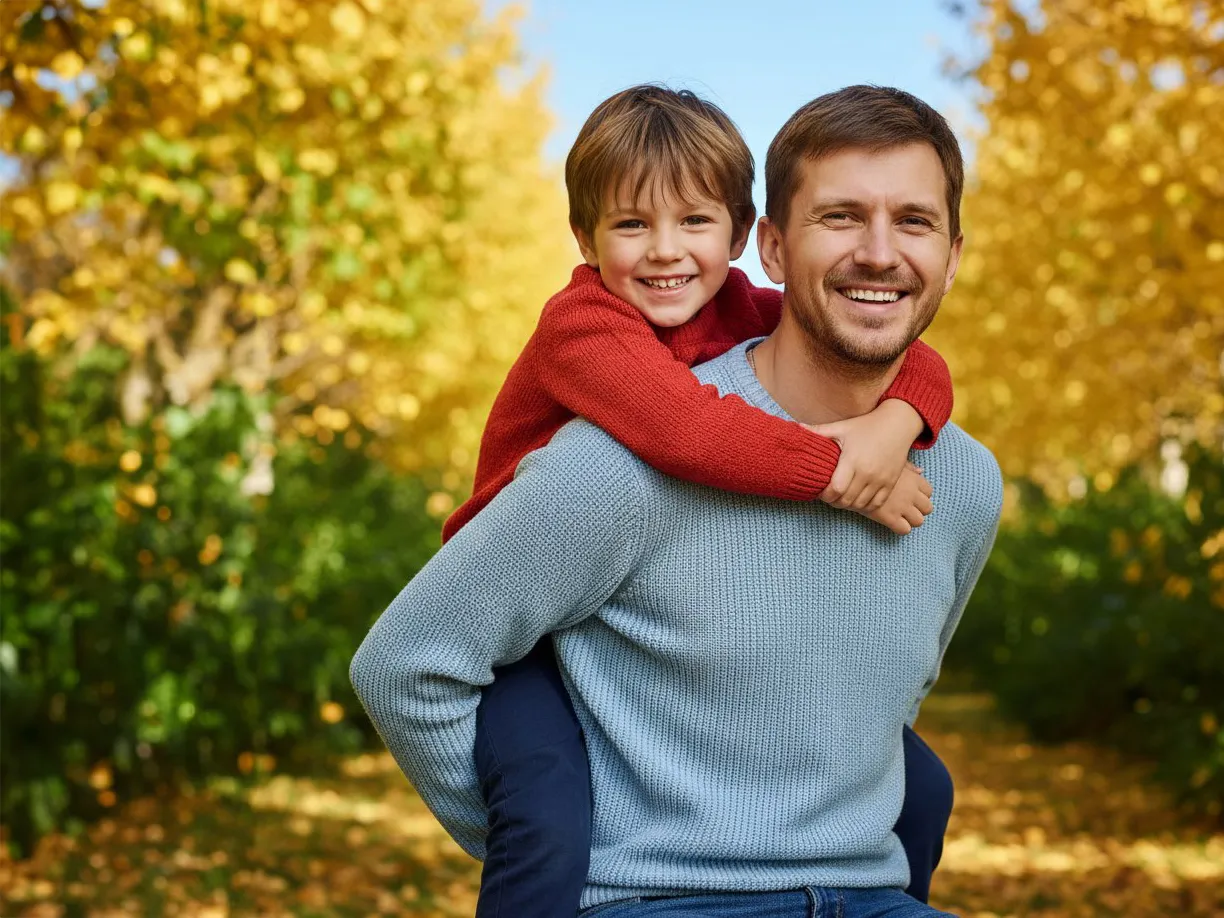 папа катает сына на спине