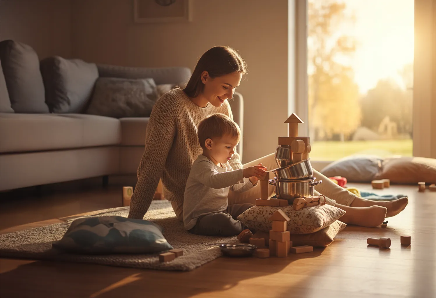 мама и сын играют в конструктор