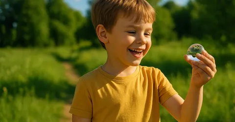 мальчик держит в руке стекляный шар