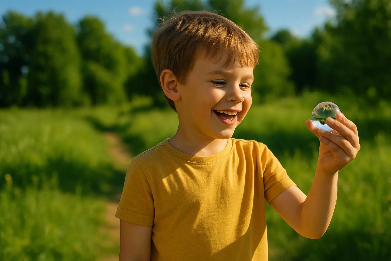 мальчик держит в руке стекляный шар
