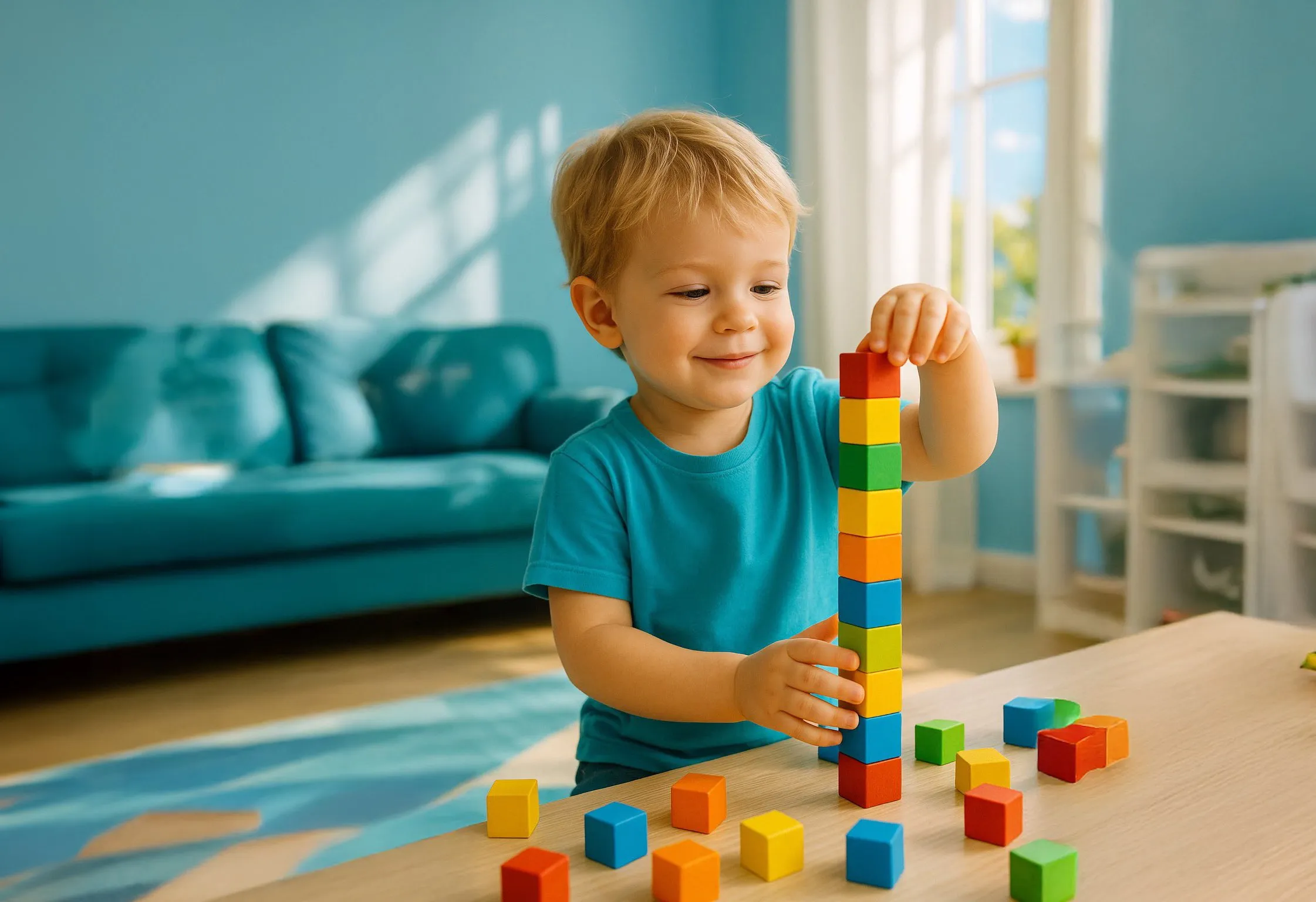 мальчик играет с кубиками