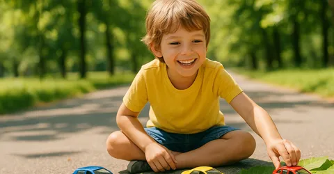 мальчик играте с машинками