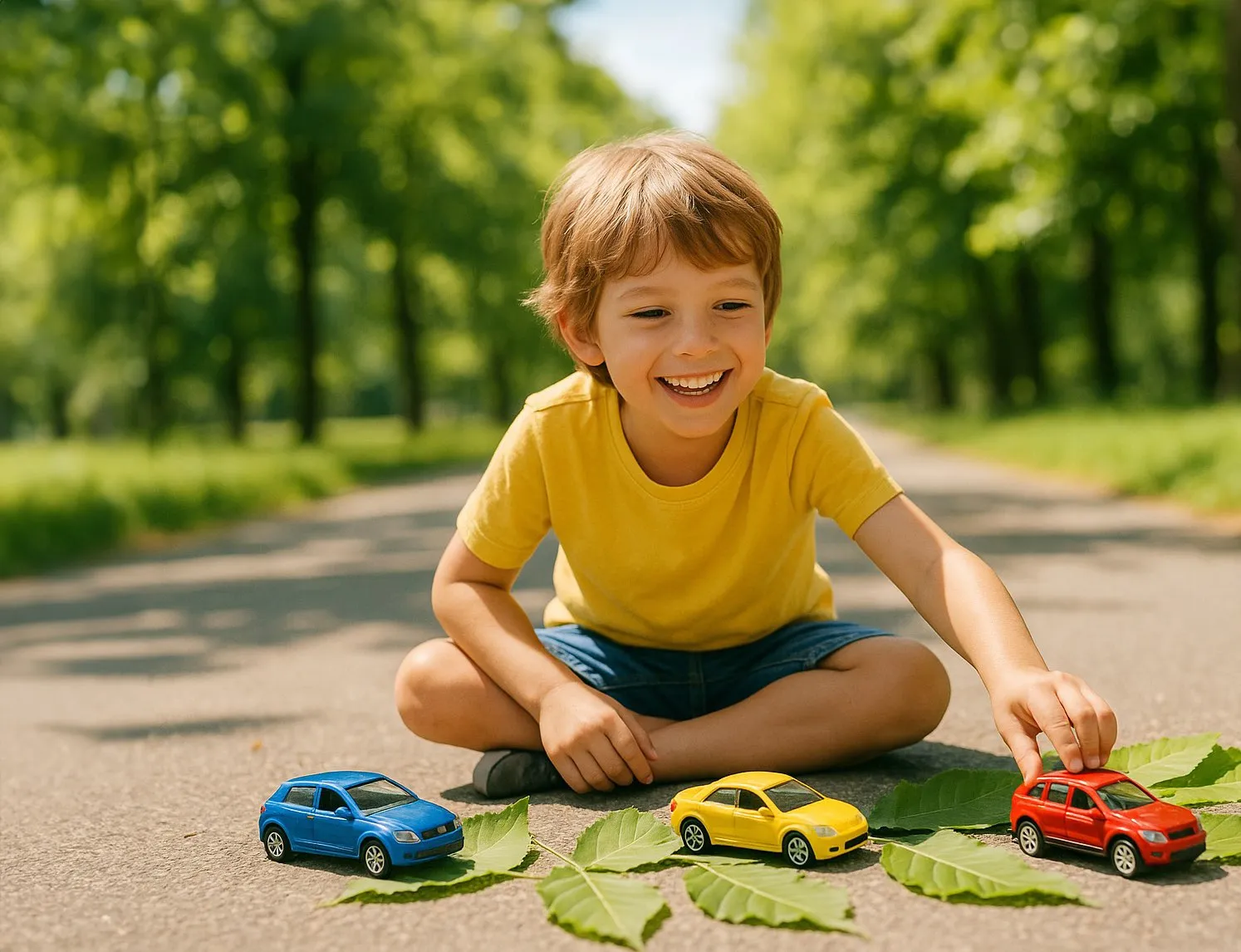 мальчик играте с машинками